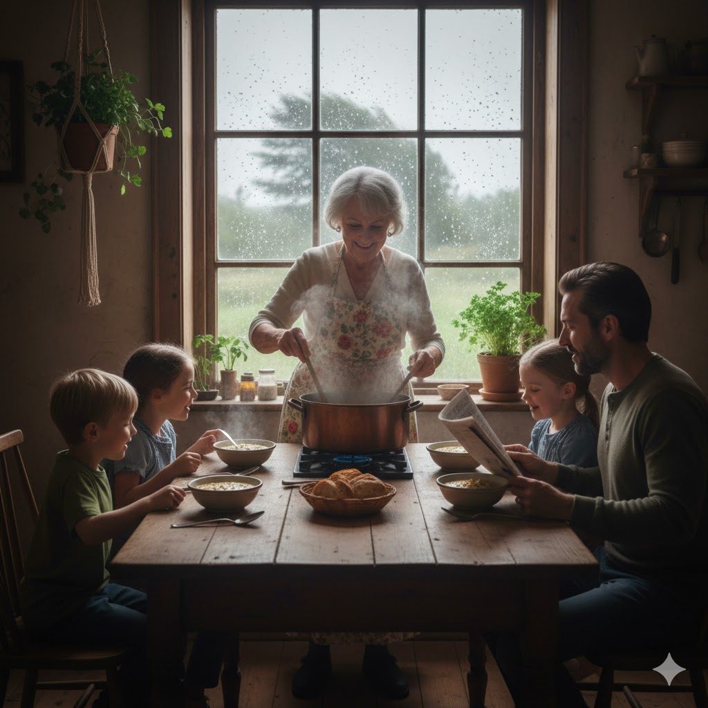 Cocina familiar en un día lluvioso con sopa de arroz con pollo humeando en la mesa
