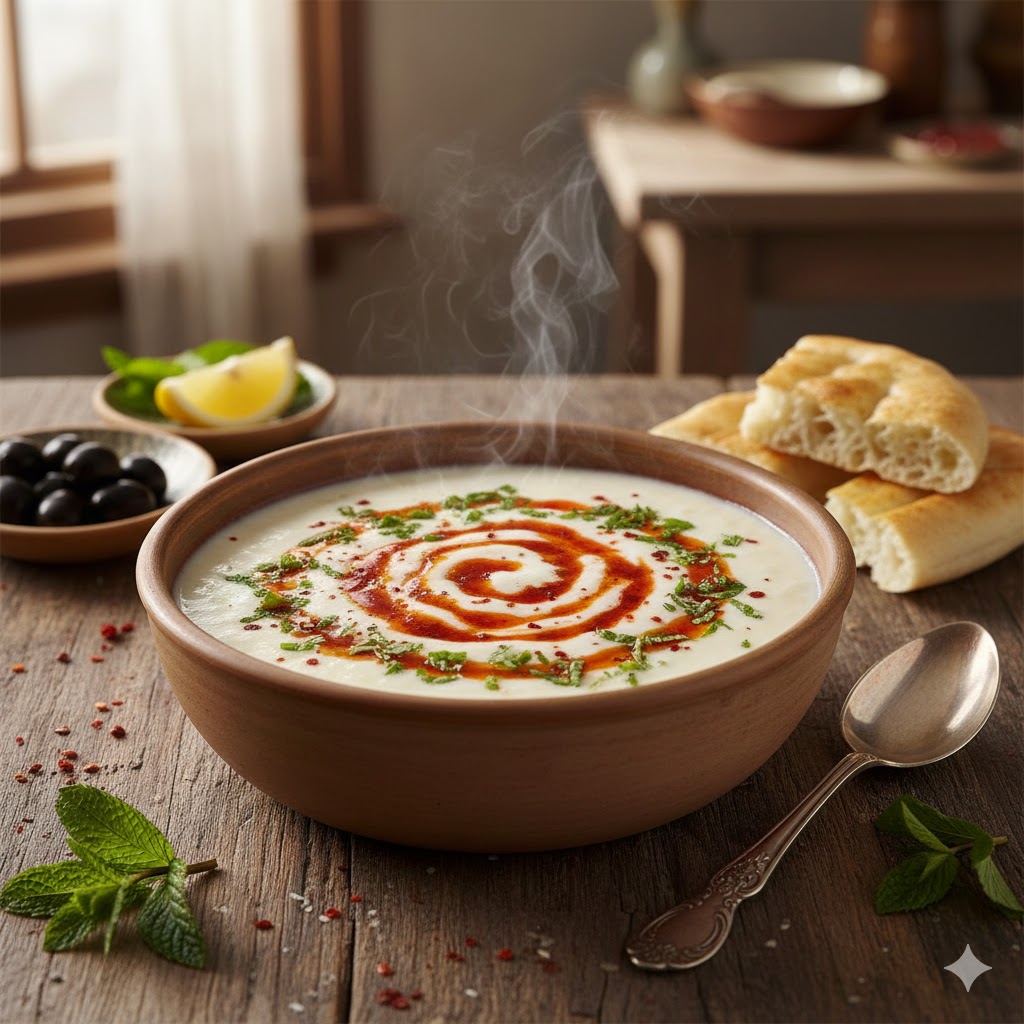 Sopa de arroz con yogur presentada en cuenco turco con aceite de pimentón y menta