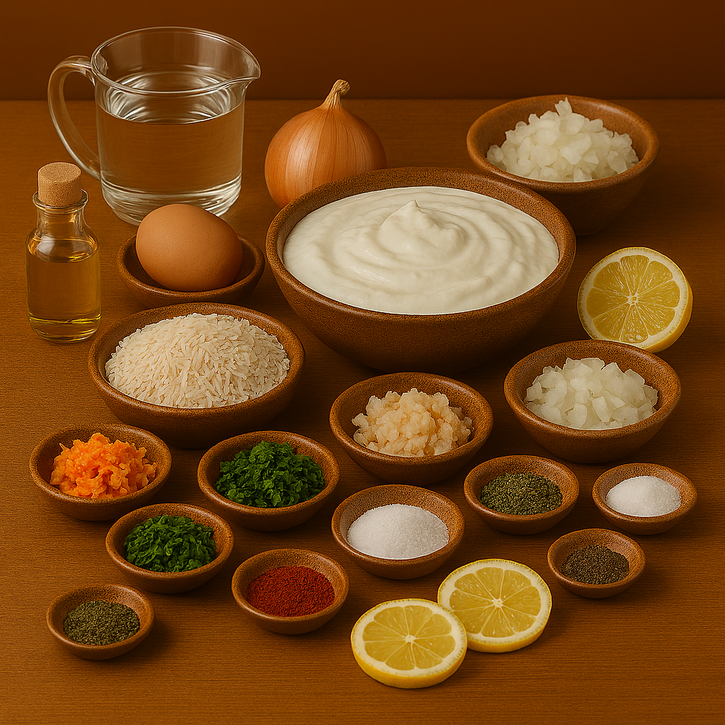 Ingredientes para sopa de arroz con yogur turca: yogur, arroz, menta, pimentón y mantequilla