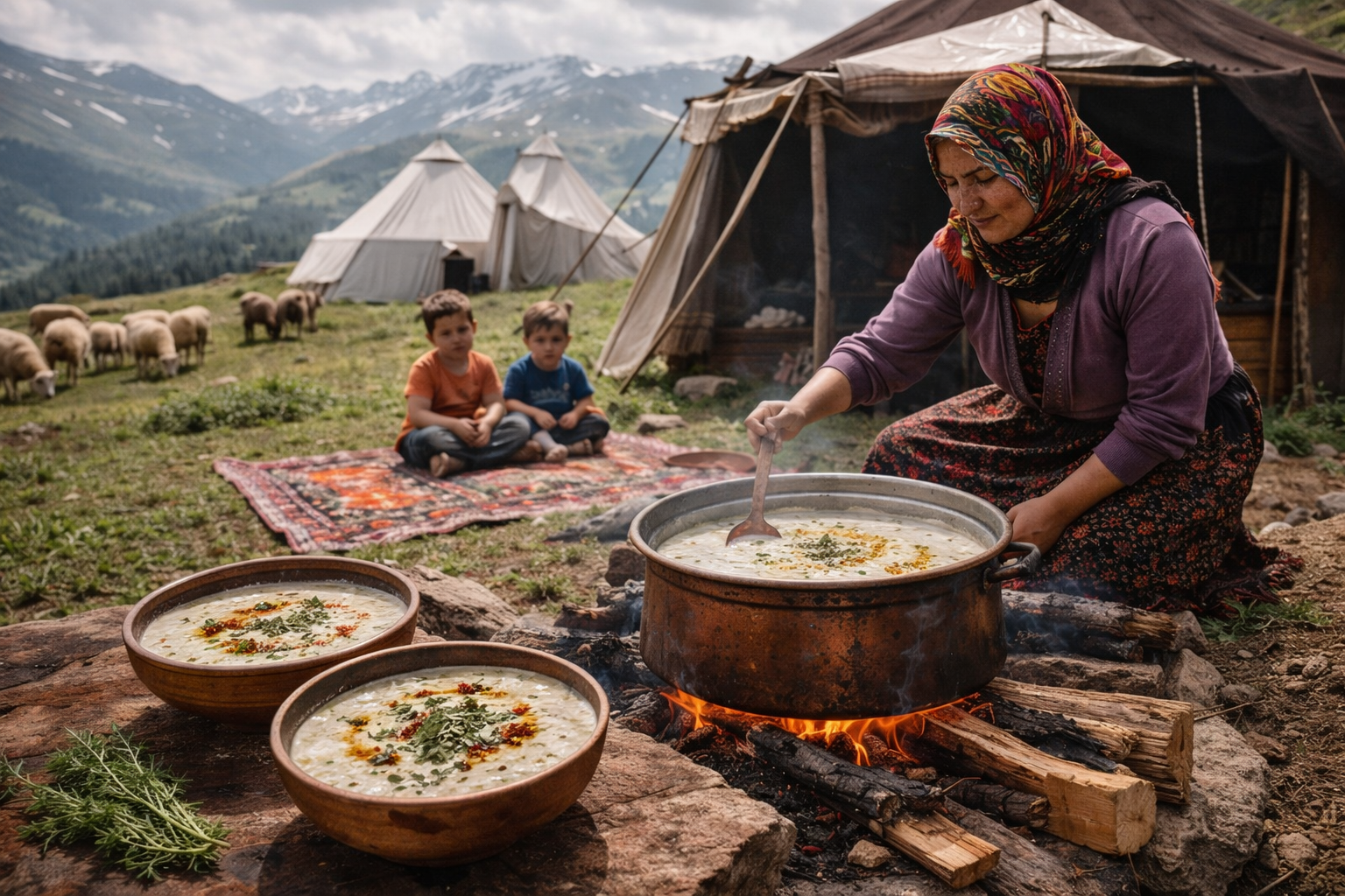 Cafetería turca en Estambul con vista al Bósforo y cuencos de Yayla Çorbası