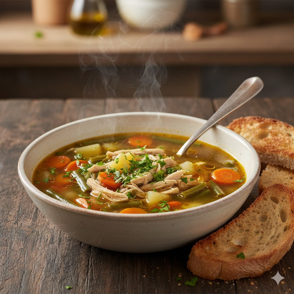 Sopa de pollo con verduras presentada en cuenco blanco con pollo desmenuzado y perejil fresco