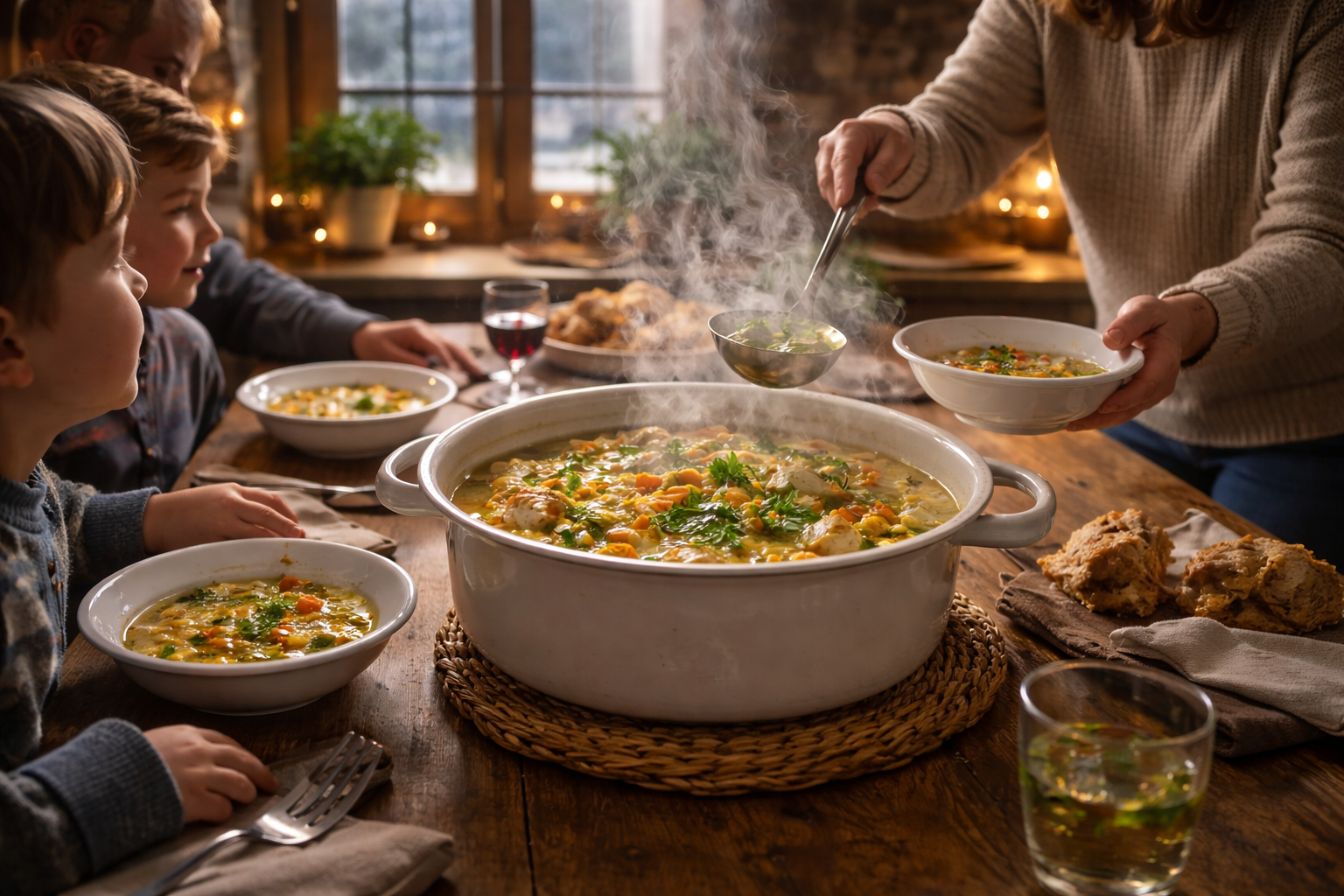 Cocina familiar en un día frío con sopa de pollo con verduras humeando en la mesa