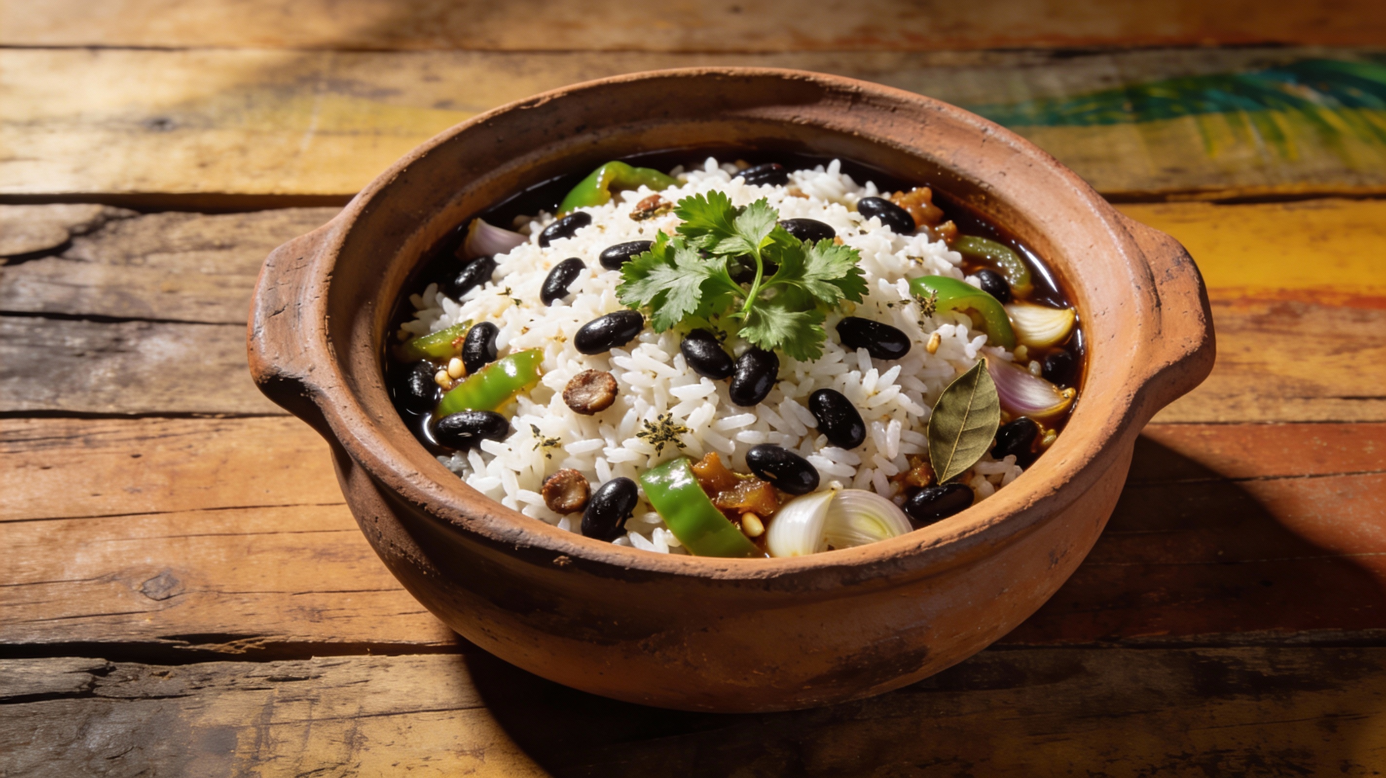 Moros y Cristianos cubano servido en cazuela de barro con frijoles negros y arroz blanco mezclados