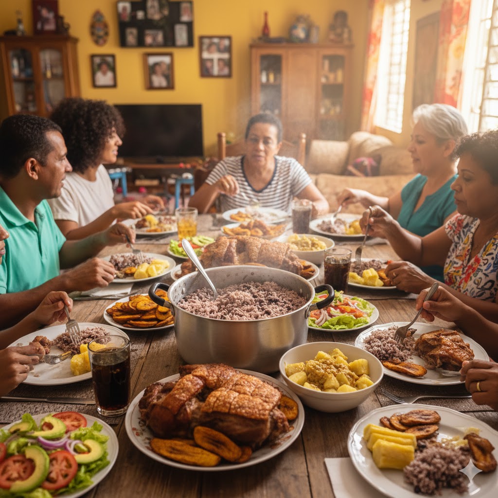 Moros y Cristianos servido en mesa cubana con cerdo asado, plátanos maduros y aguacate