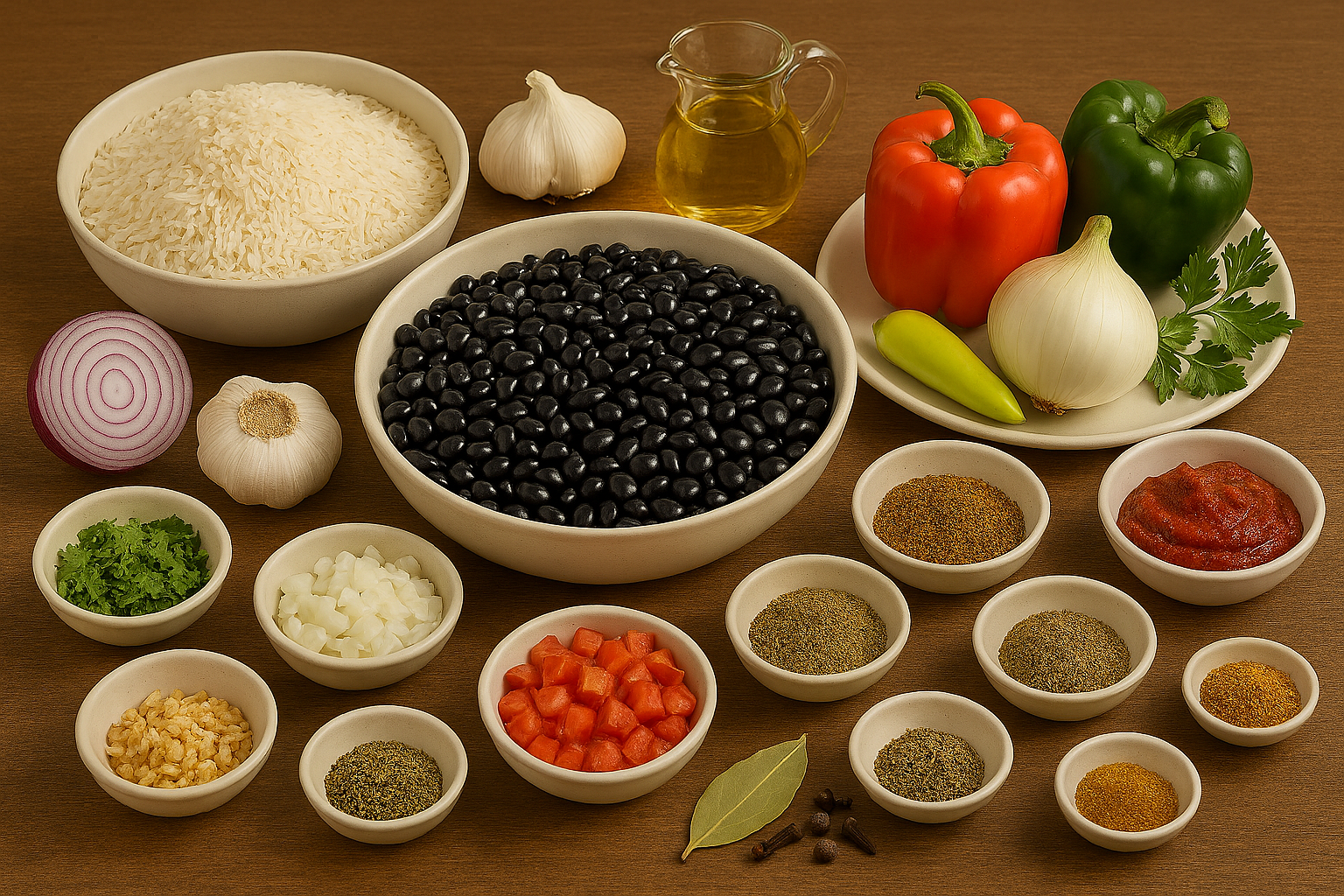 Ingredientes para Moros y Cristianos: frijoles negros, arroz, sofrito cubano y especias