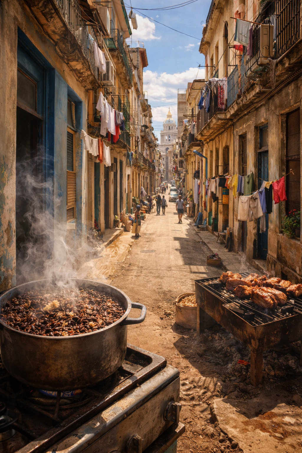 Calle habanera con balcones, ropa tendida y aroma de comida cubana saliendo de las ventanas