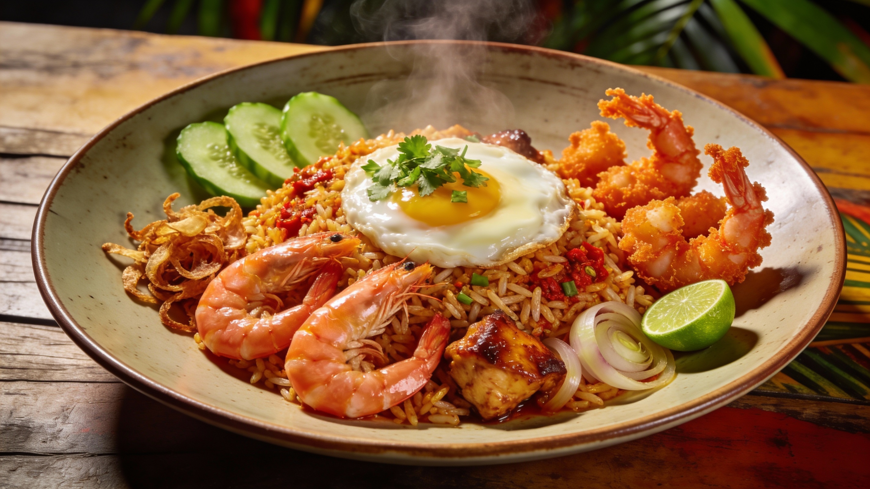 Nasi Goreng indonesio servido con huevo frito, pollo, camarones y crupuk, decorado con cilantro y lima
