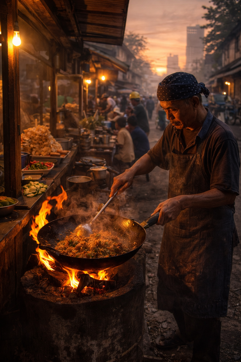 Warung indonesio al amanecer con chef preparando Nasi Goreng en wok sobre fuego alto