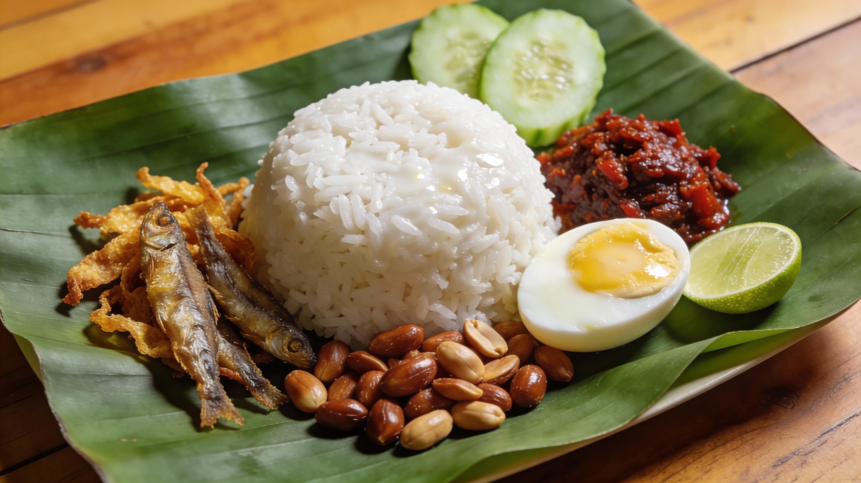 Nasi Lemak servido en hoja de plátano con arroz cocido en leche de coco, anchoas fritas, cacahuetes, huevo duro y sambal