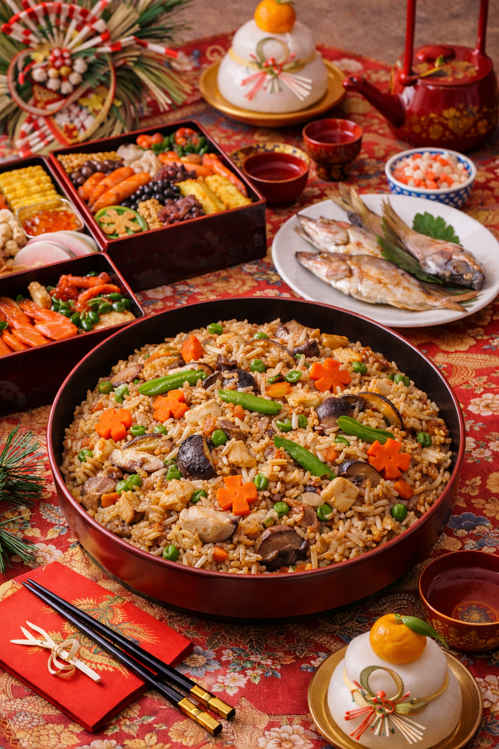 Comida de Año Nuevo japonés (osechi ryori) con Kayaku Gohan como parte central