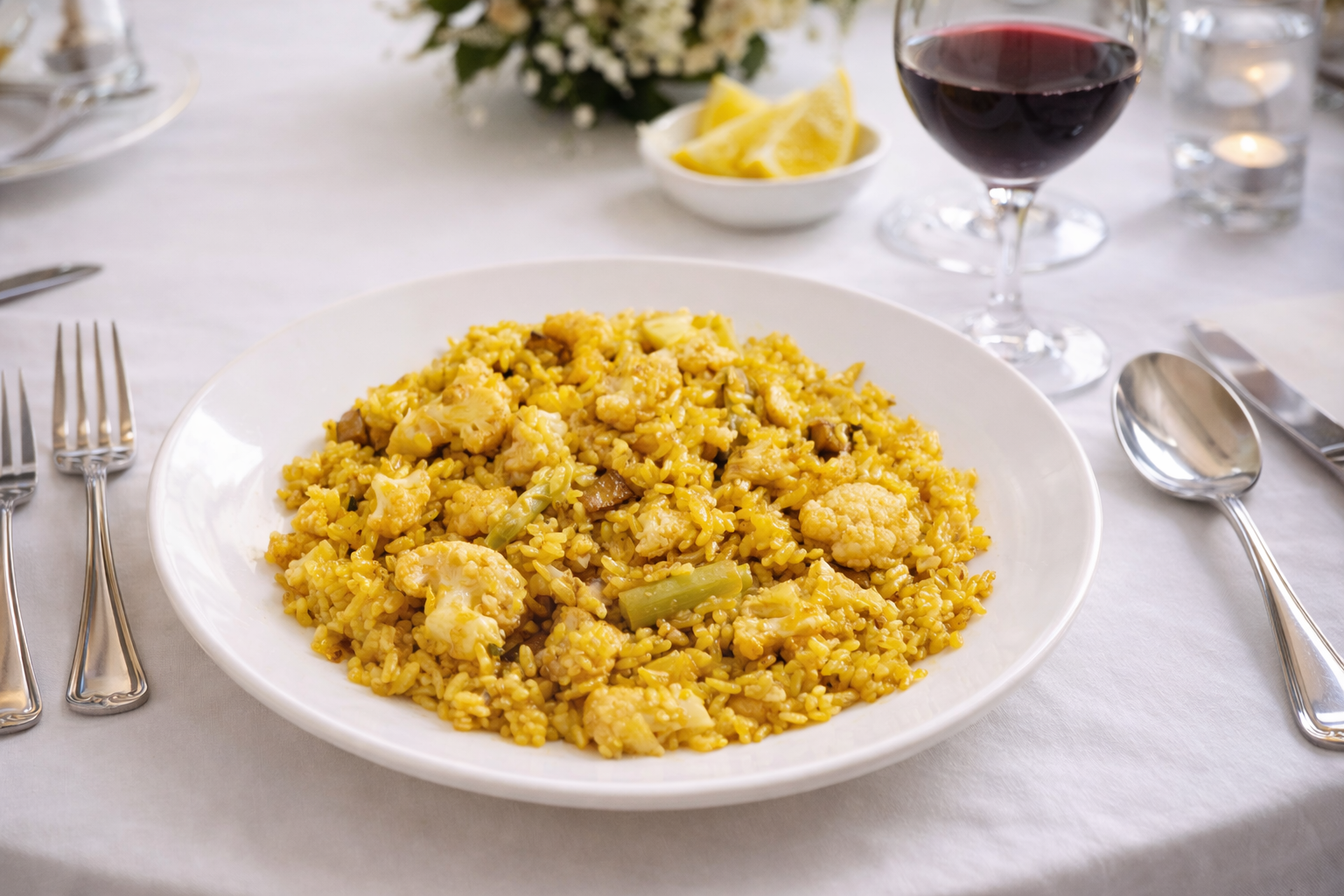 Paella de bacalao y col terminada, mostrando el arroz suelto con trozos de bacalao y tiras de col