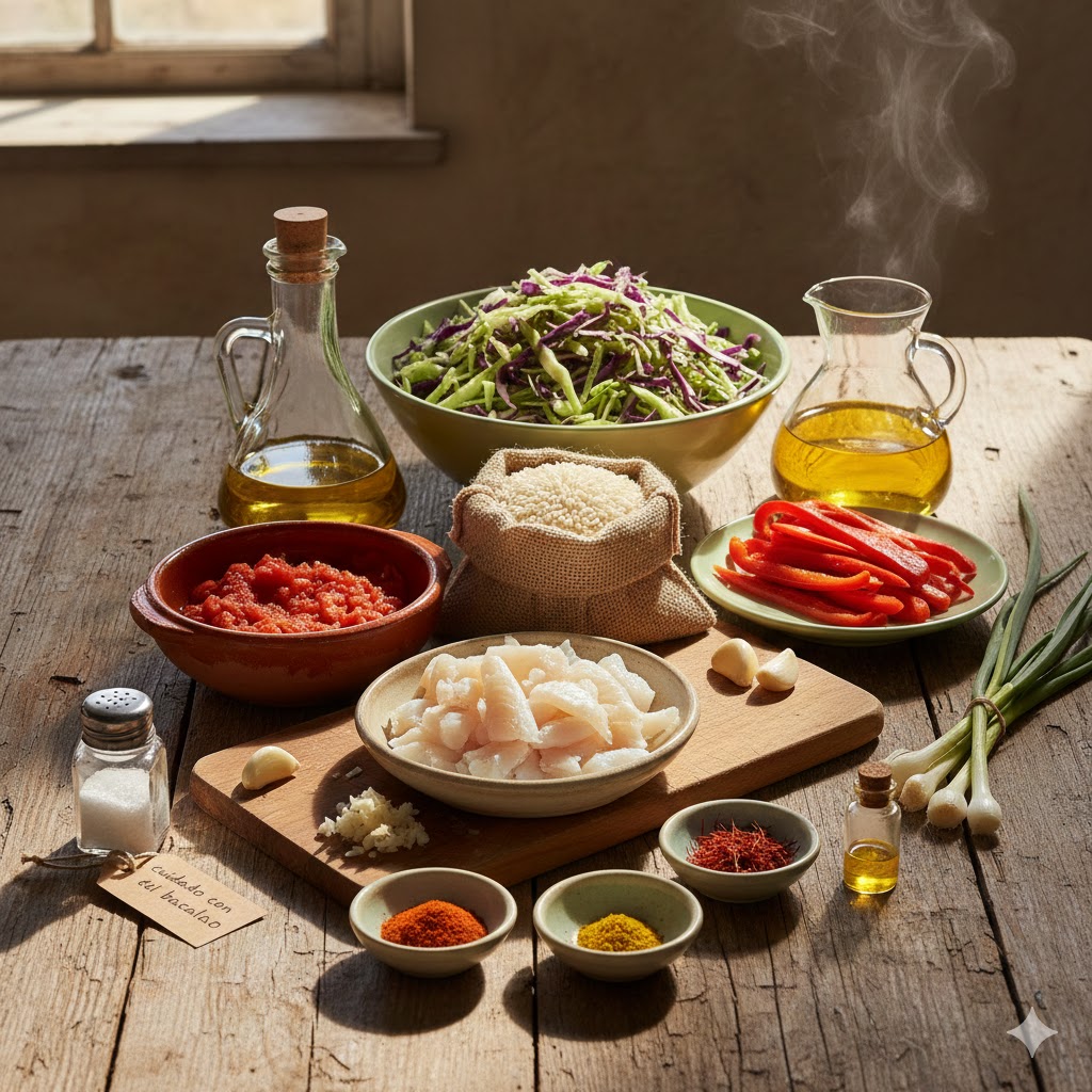 Ingredientes: bacalao desalado, col en tiras, arroz, tomate, ajo y pimentón