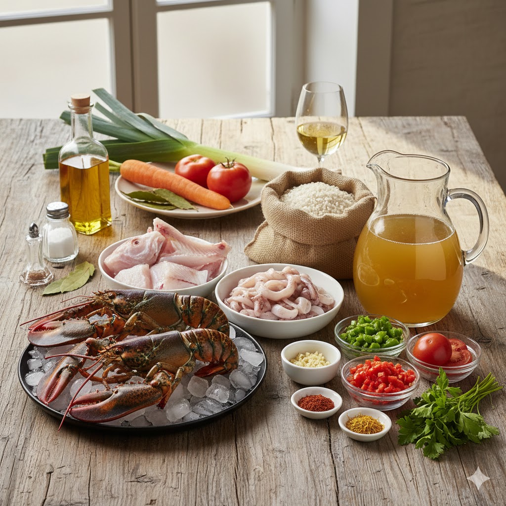 Ingredientes principales: bogavantes vivos, arroz bomba, verduras para sofrito y especias