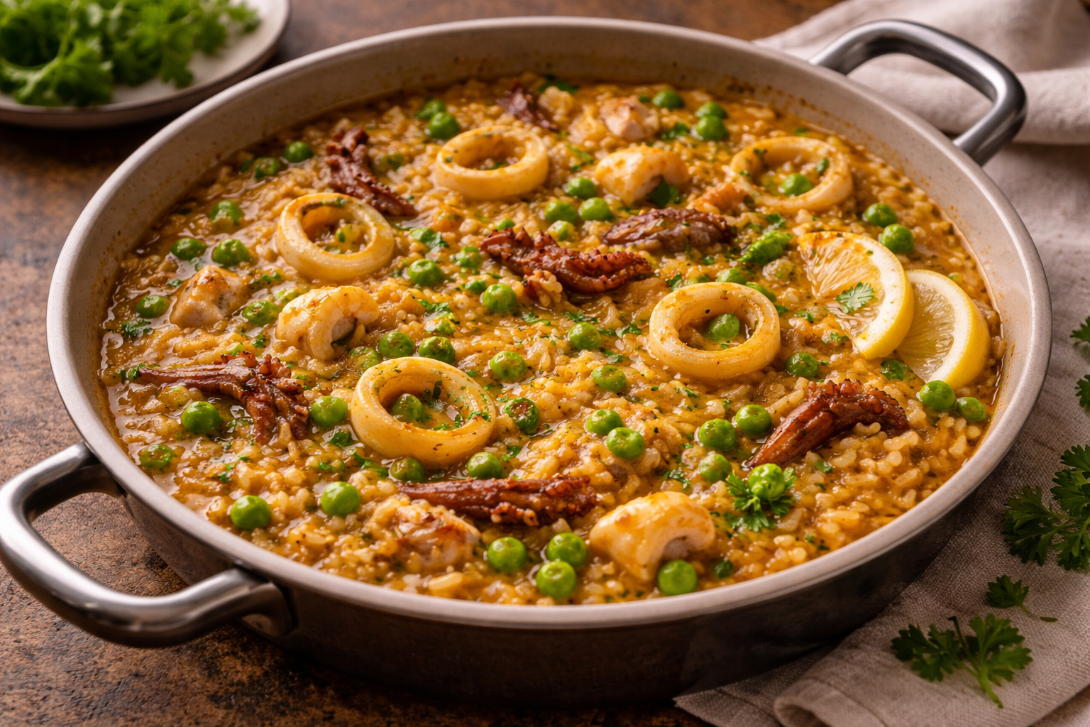 Paella terminada con el característico socarrat en el fondo