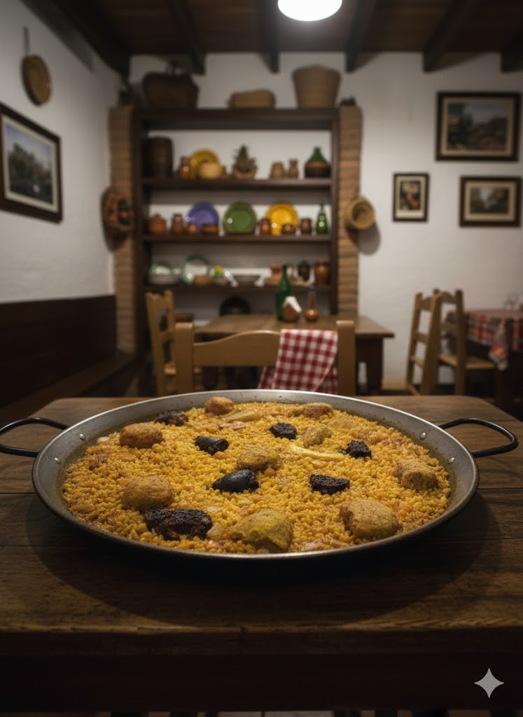 Cocina tradicional valenciana con puchero de cocido y paellera al fondo