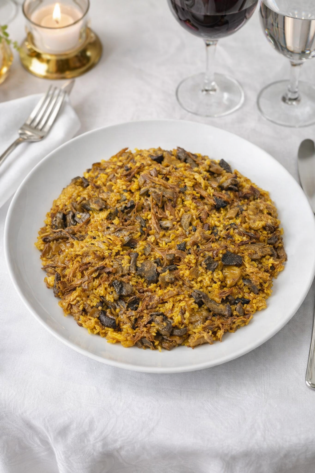 Paella terminada con confit de pato dorado, cebolla caramelizada y boletus terrosos