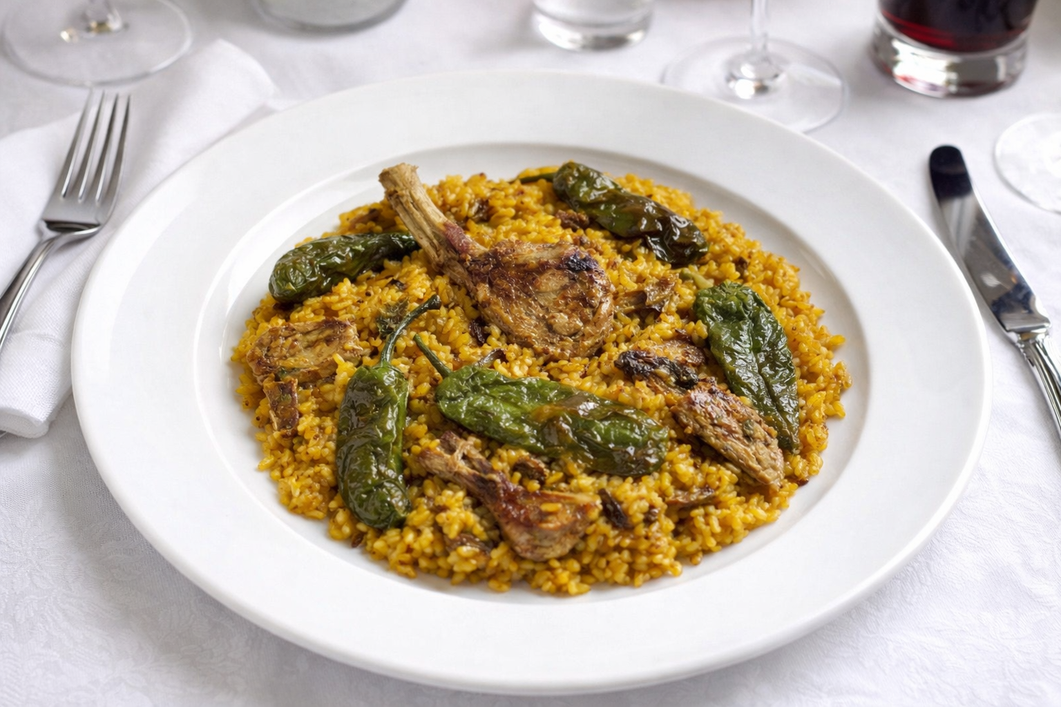 Paella de cordero terminada con chuletas doradas, pimientos del padrón y socarrat perfecto