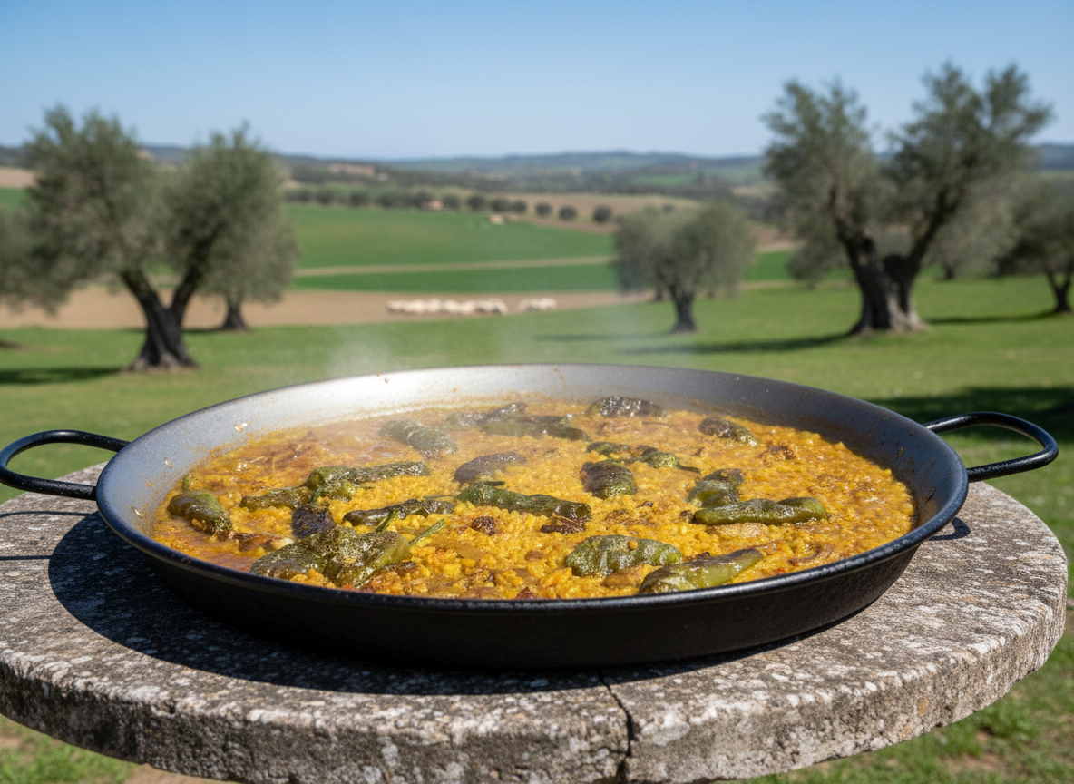 Paisaje de dehesa con rebaño de ovejas al atardecer