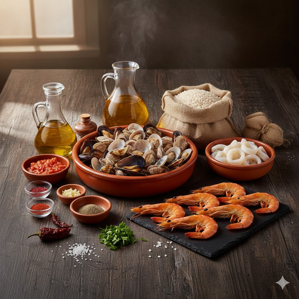 Ingredientes marineros: mejillones, langostinos, calamares, almejas, arroz y especias
