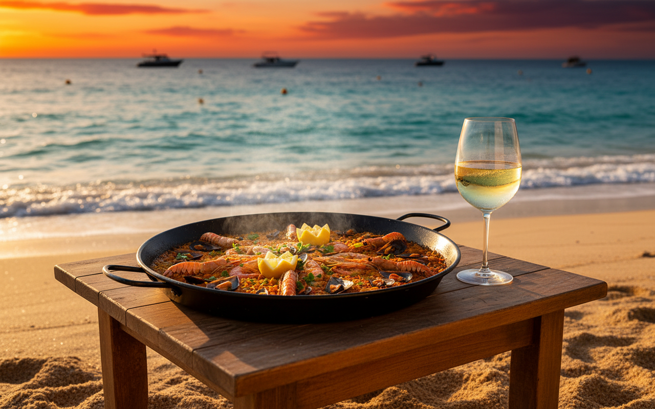 Chiringuito playero al atardecer con mesas junto al mar y paelleras humeantes