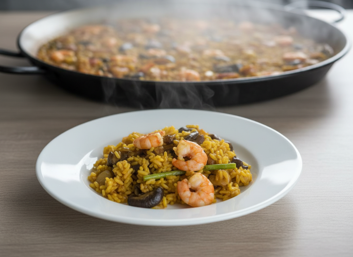 Paella terminada mostrando la oreja gelatinosa, los boletus dorados y las gambas rosadas sobre arroz perfumado