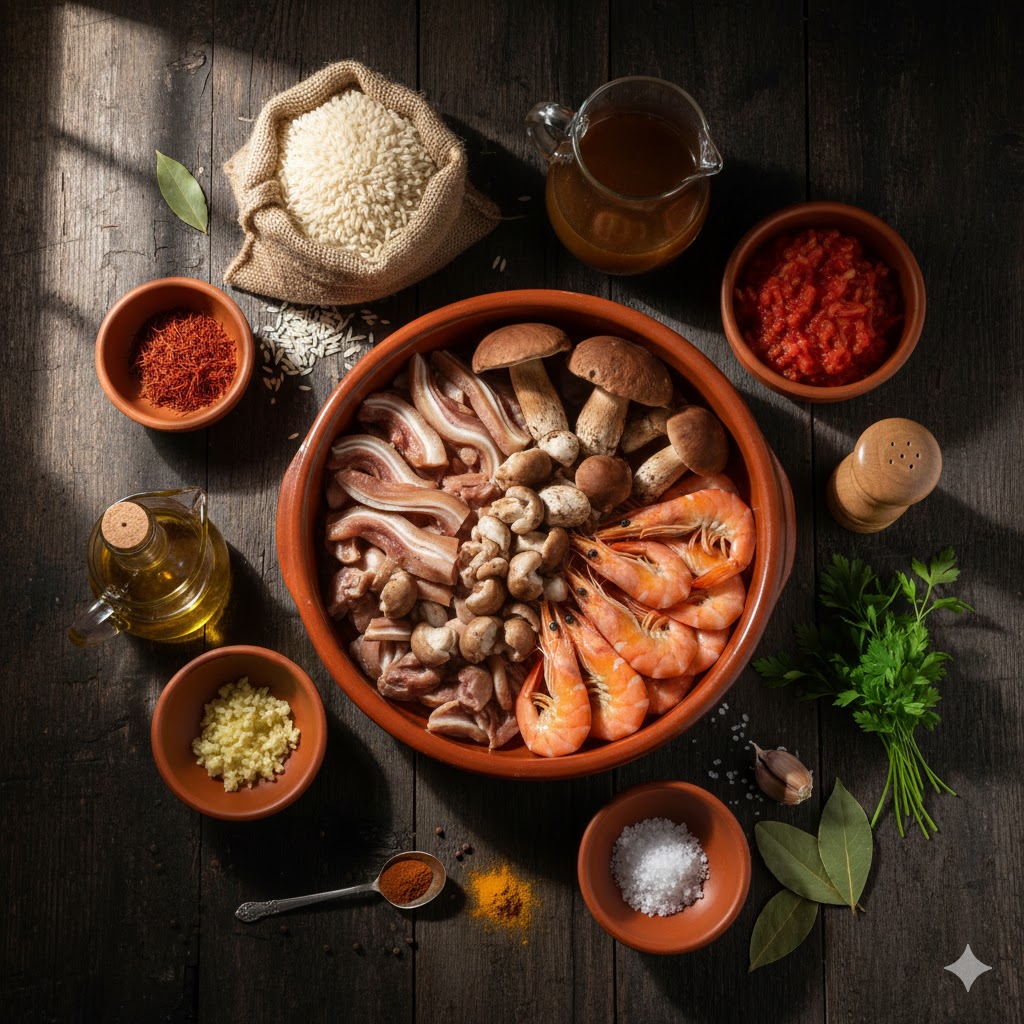 Ingredientes: oreja de cerdo cocida, boletus frescos, gambas peladas, arroz y tomates