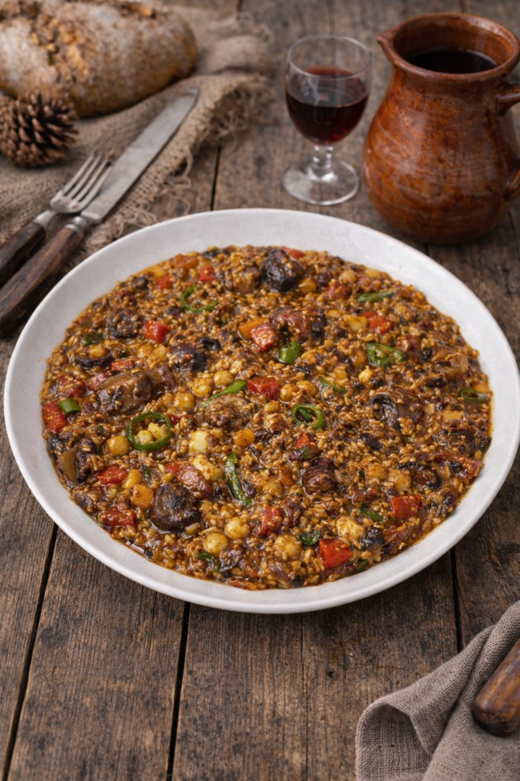 Paella terminada con rabo de toro estofado, setas doradas y chips de ajo crujientes