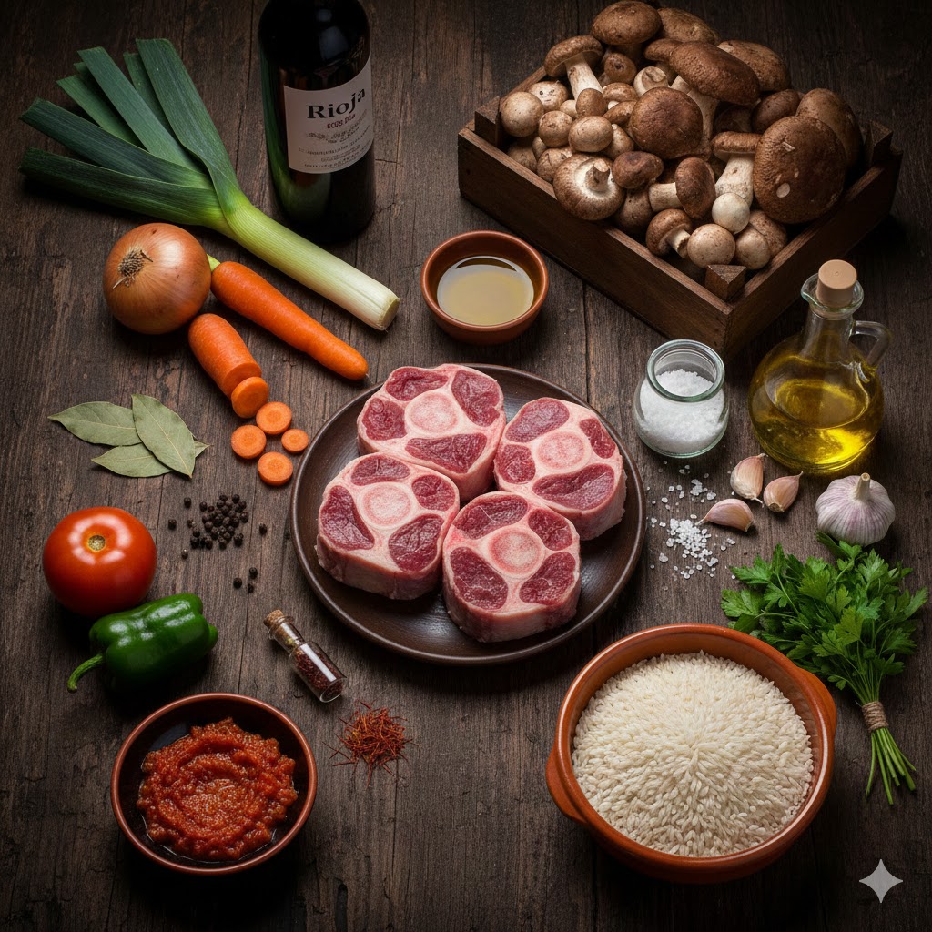Ingredientes para la paella: rabo de toro, setas variadas, ajos, pimiento verde, tomate y arroz bomba