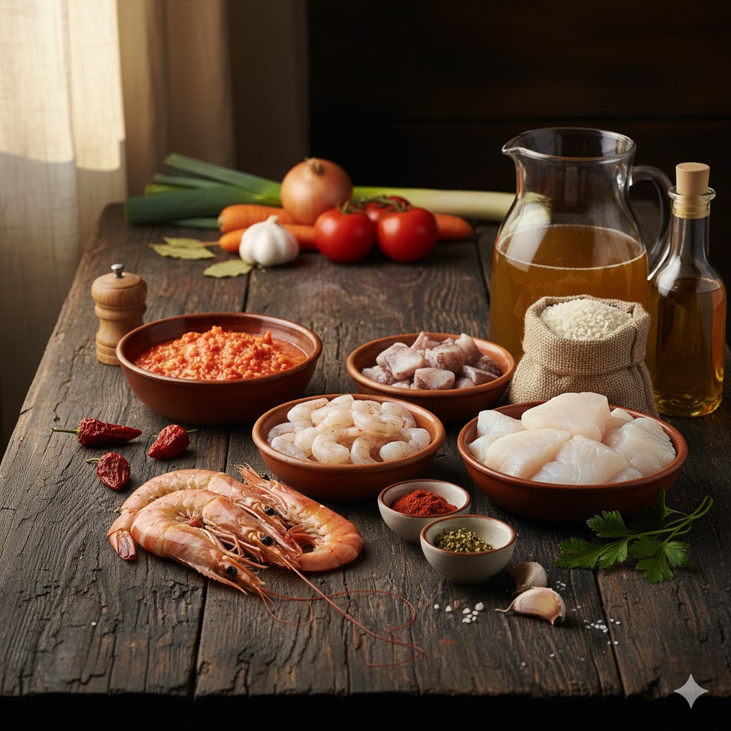 Ingredientes principales: rape, sepia, gambas enteras y peladas, ñoras, arroz y tomates