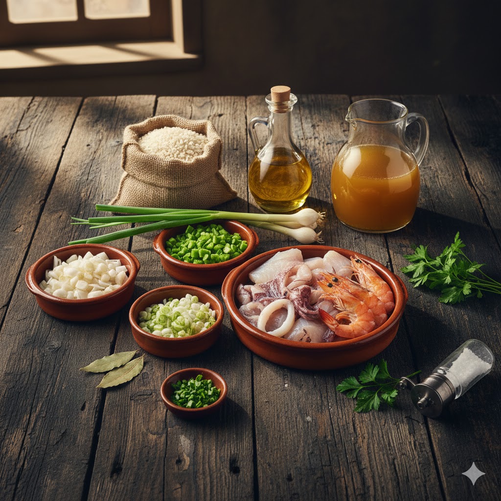 Ingredientes: raya con su característica piel, calamares en anillas, gambas enteras, cebolletas y ajos tiernos