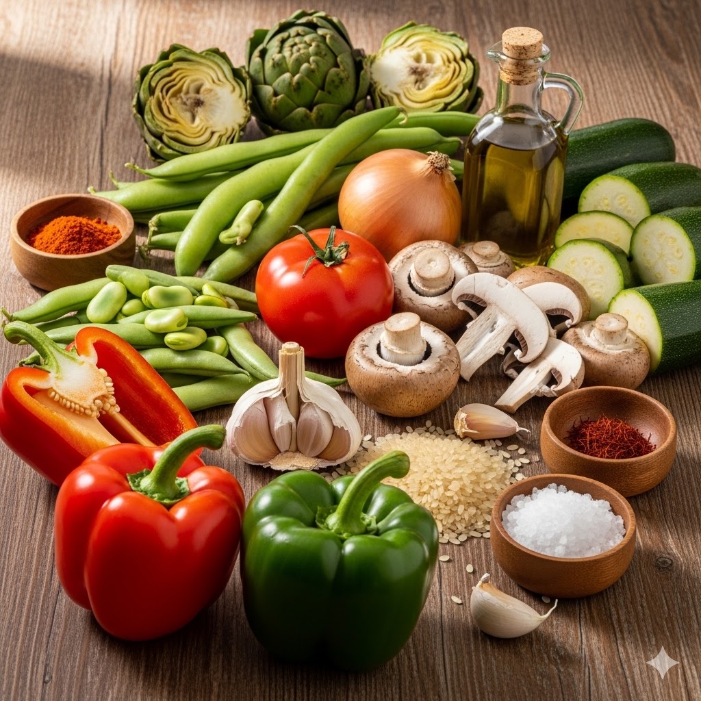 Ingredientes frescos: alcachofas, judías verdes, pimientos, setas y arroz