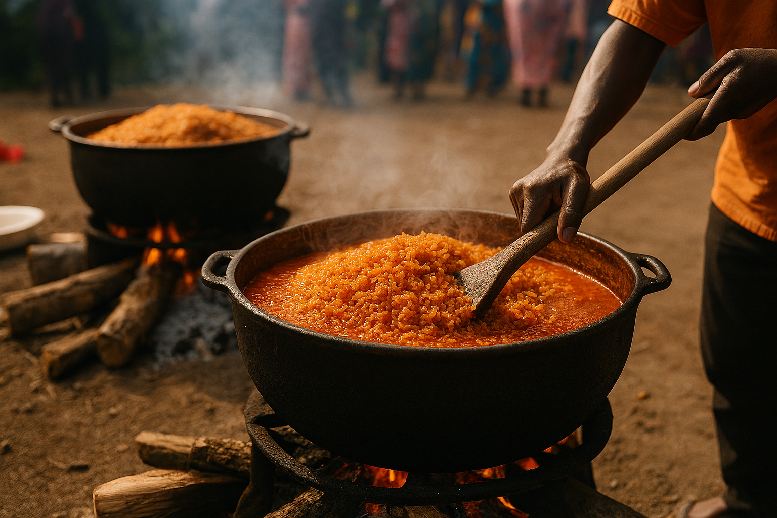Preparación de Jollof Rice en grandes ollas durante una fiesta nigeriana al aire libre