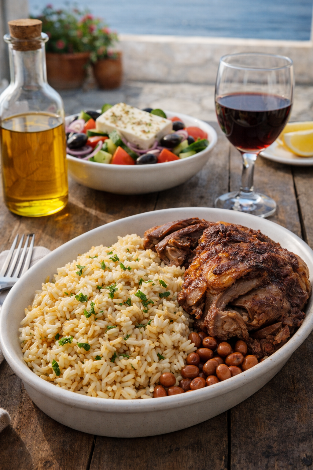 Pilafi griego servido en mesa mediterránea con cordero asado, ensalada griega y vino