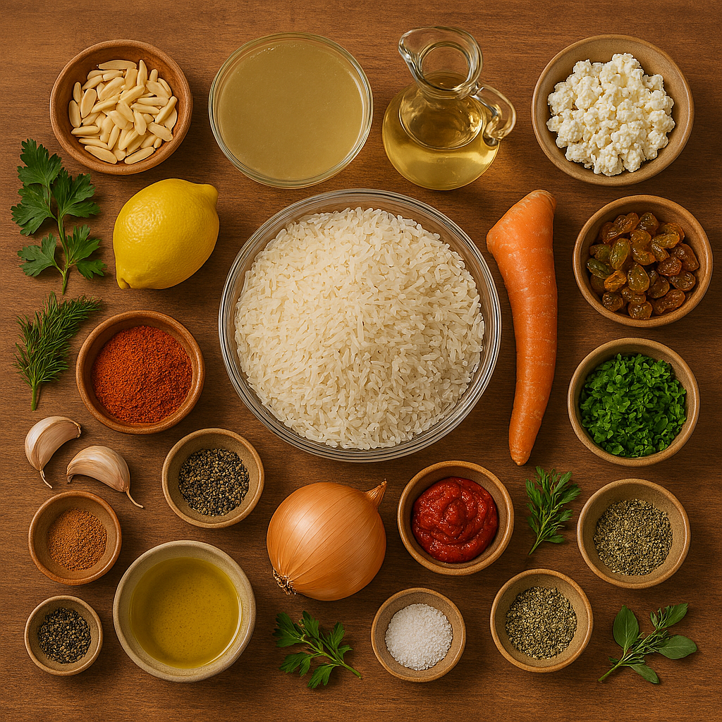 Ingredientes para Pilafi griego: arroz de grano largo, aceite de oliva virgen extra, caldo, hierbas griegas y limón