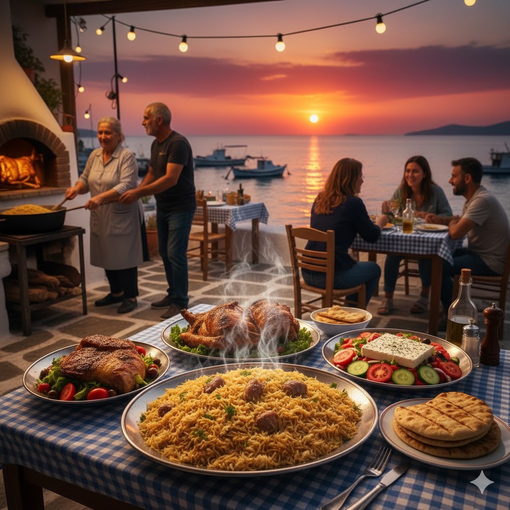 Terraza griega con vista al mar al atardecer, mesa con comida tradicional y Pilafi servido