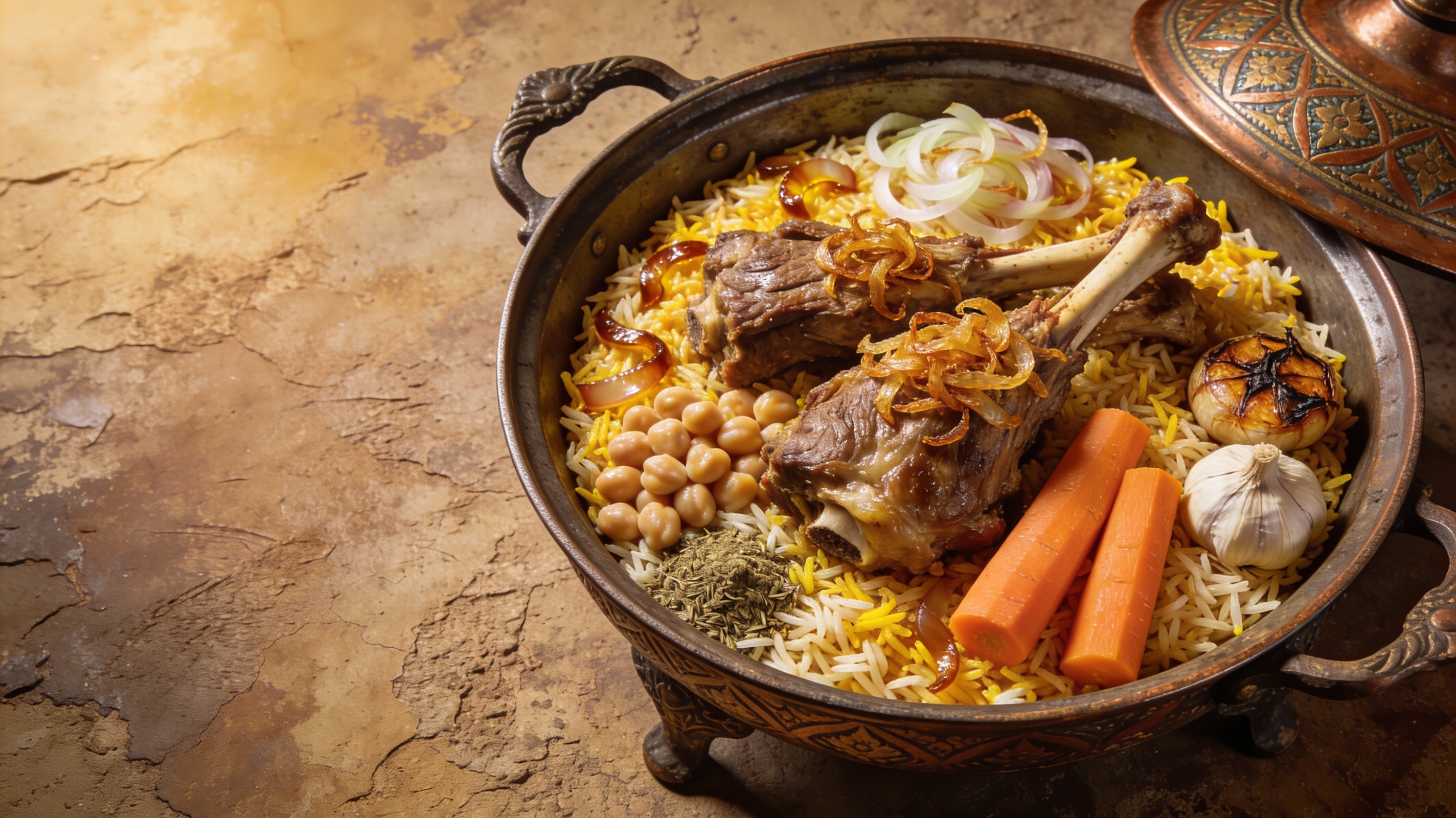 Plov uzbeko dorado servido en kazán gigante, con grandes trozos de cordero, zanahorias y garbanzos