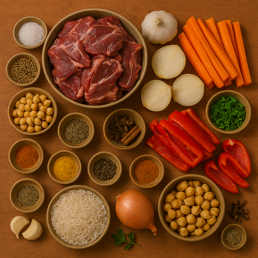 Ingredientes para Plov uzbeko: cordero, arroz devzira, zanahorias amarillas, comino y garbanzos