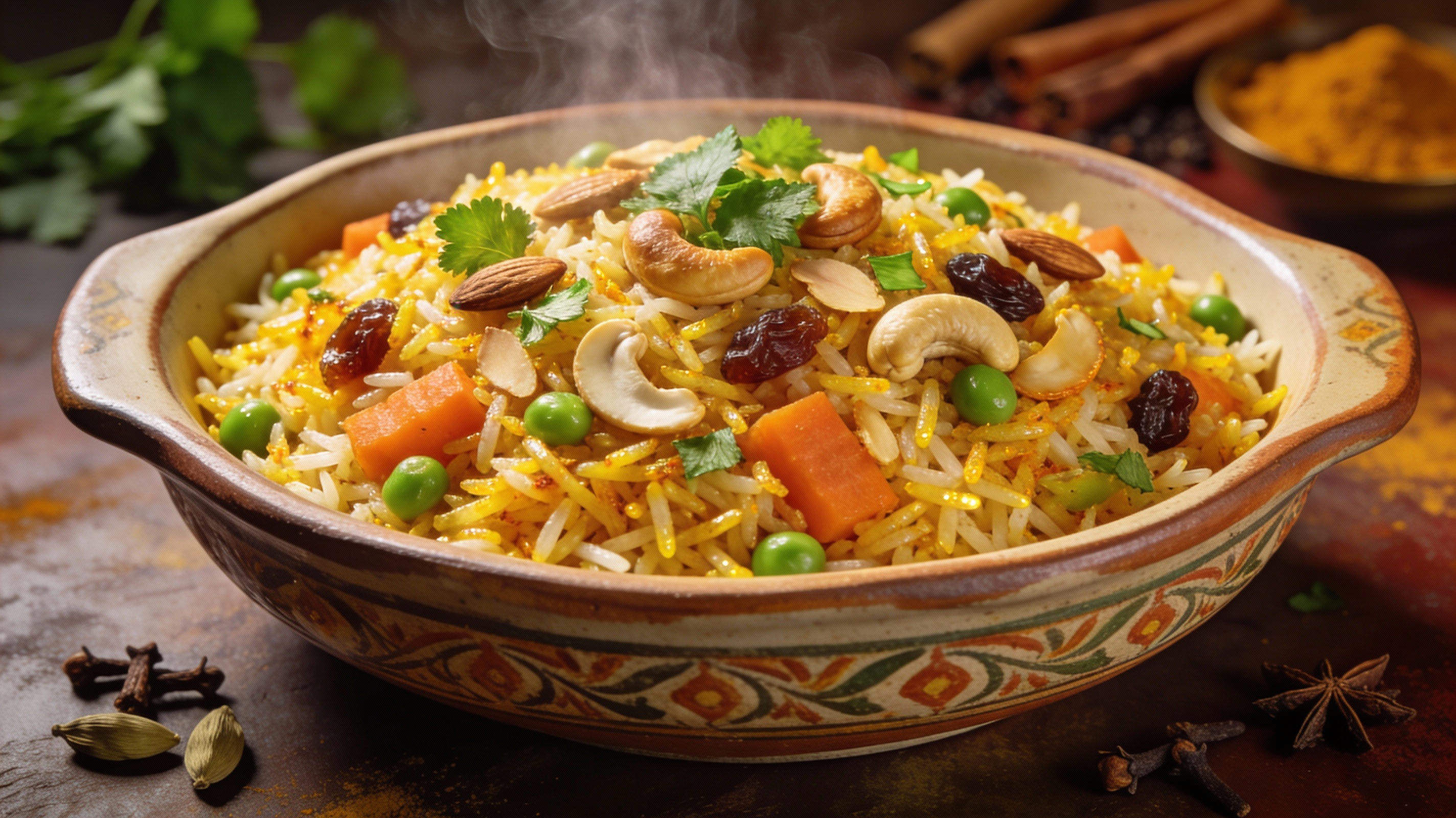 Pulao indio fragante servido en cuenco de cerámica, con azafrán, frutos secos y hierbas frescas