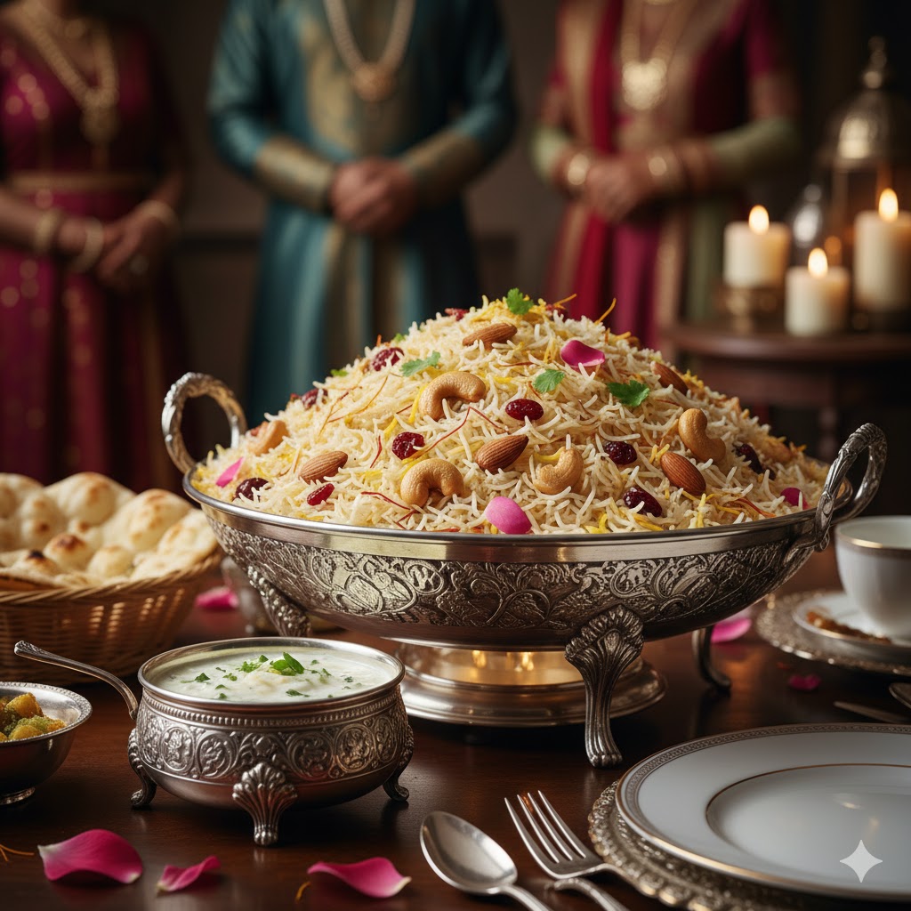 Pulao indio presentado elegantemente con rayas de azafrán, frutos secos y decoración de pétalos de rosa