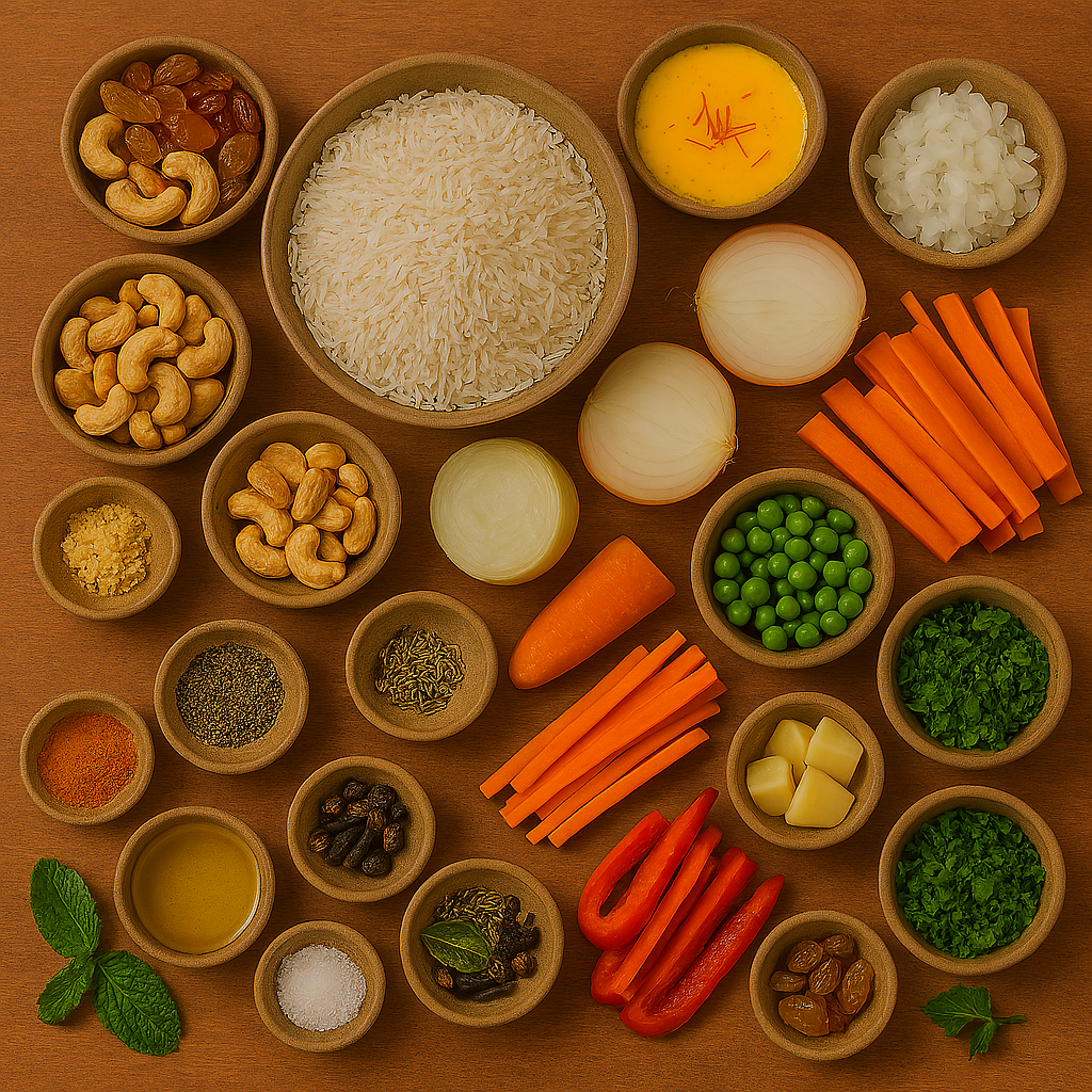 Ingredientes para Pulao indio: arroz basmati, especias enteras, frutos secos, azafrán y ghee