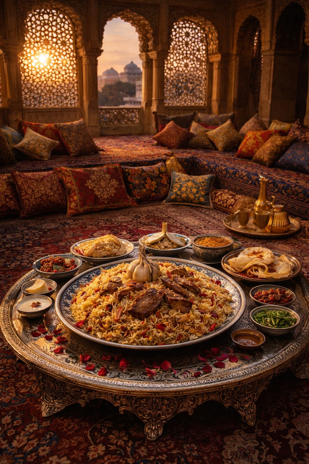 Salón mogol con alfombras persas, cojines y mesa baja con comida tradicional presentada elegantemente