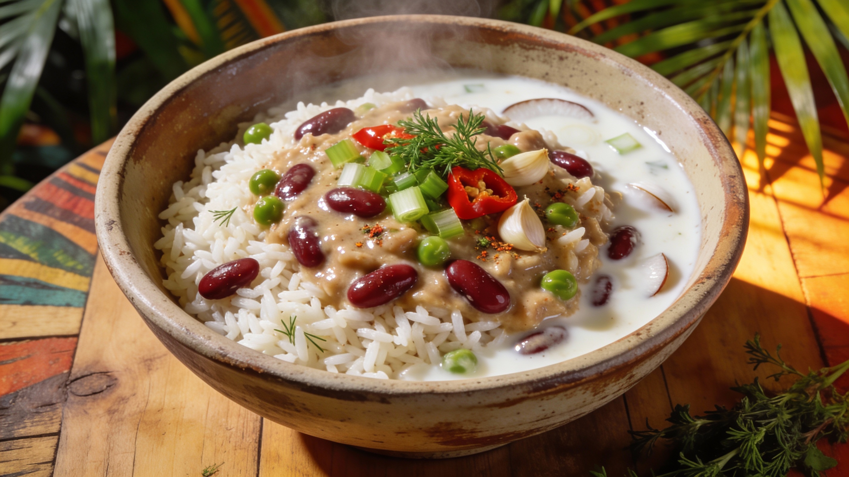 Rice and peas jamaicano cremoso servido en cuenco, con frijoles rojos y el característico color del coco