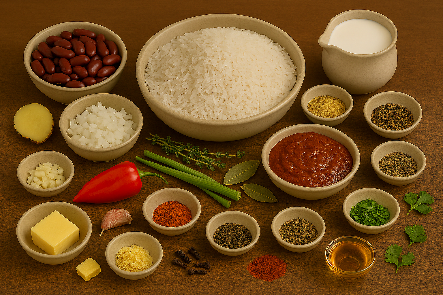 Ingredientes para Rice and Peas: arroz, frijoles rojos, leche de coco, escotch bonnet y especias jamaicanas