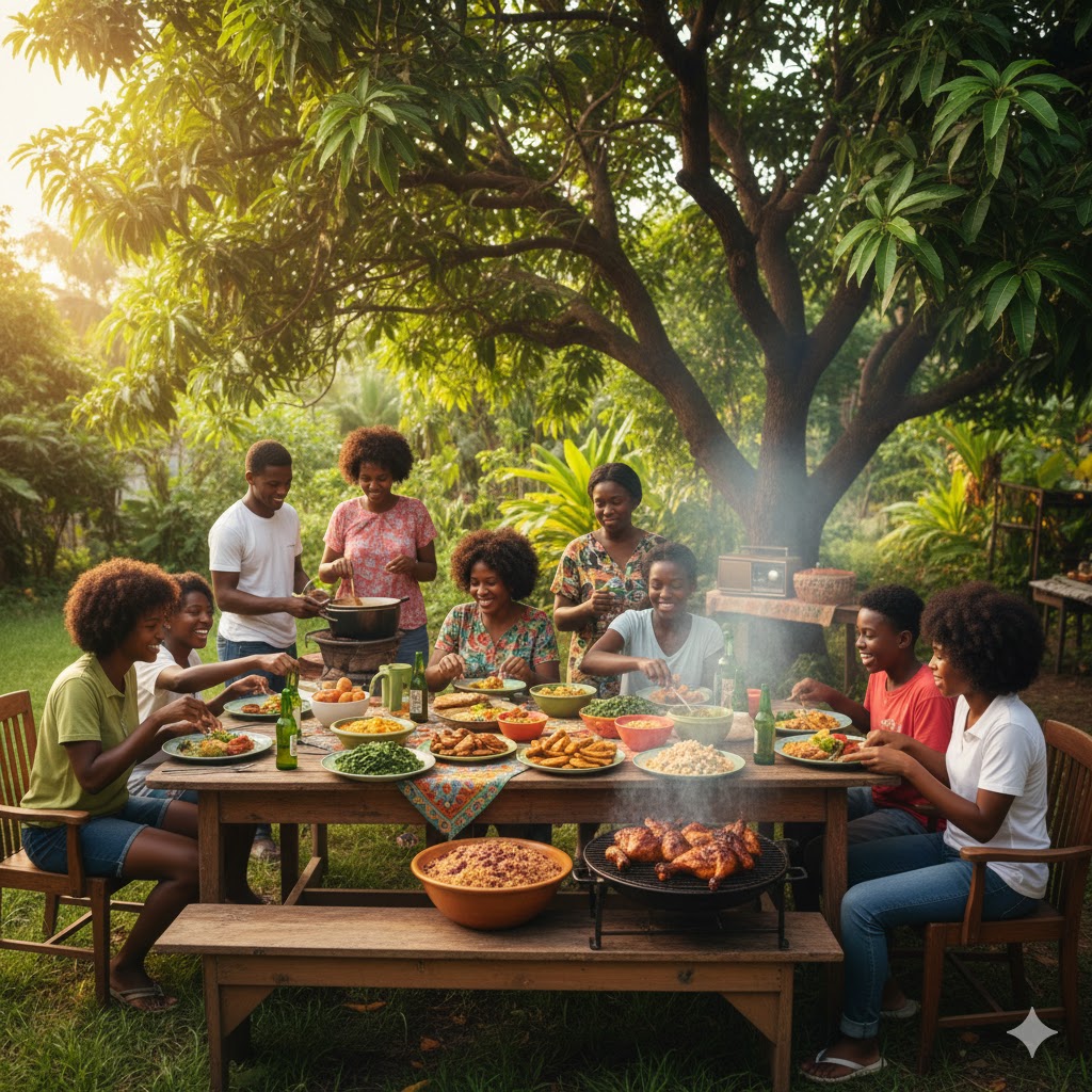 Patio jamaicano dominical con familia reunida alrededor de mesa llena de comida tradicional