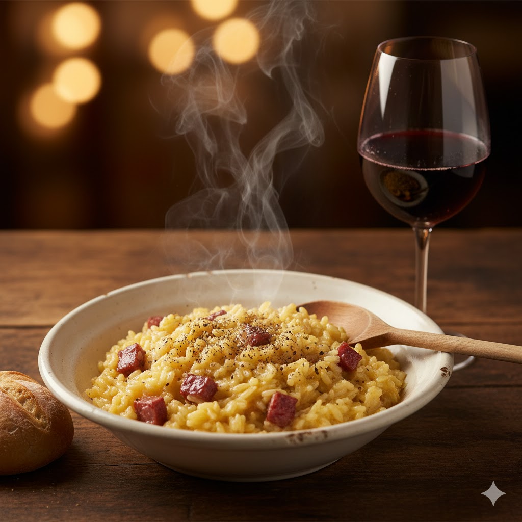 Riso alla Pilota servito in piatto di ceramica bianca con cucchiaio di legno e bicchiere di Lambrusco