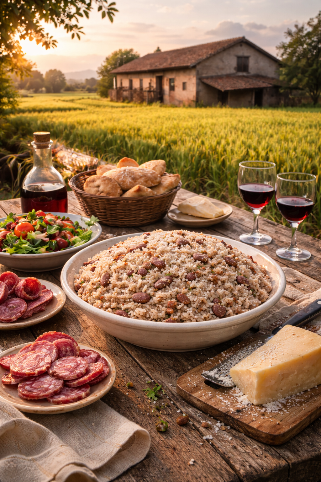 Paesaggio delle risaie mantovane con cascina tradizionale e tavola apparecchiata all'aperto
