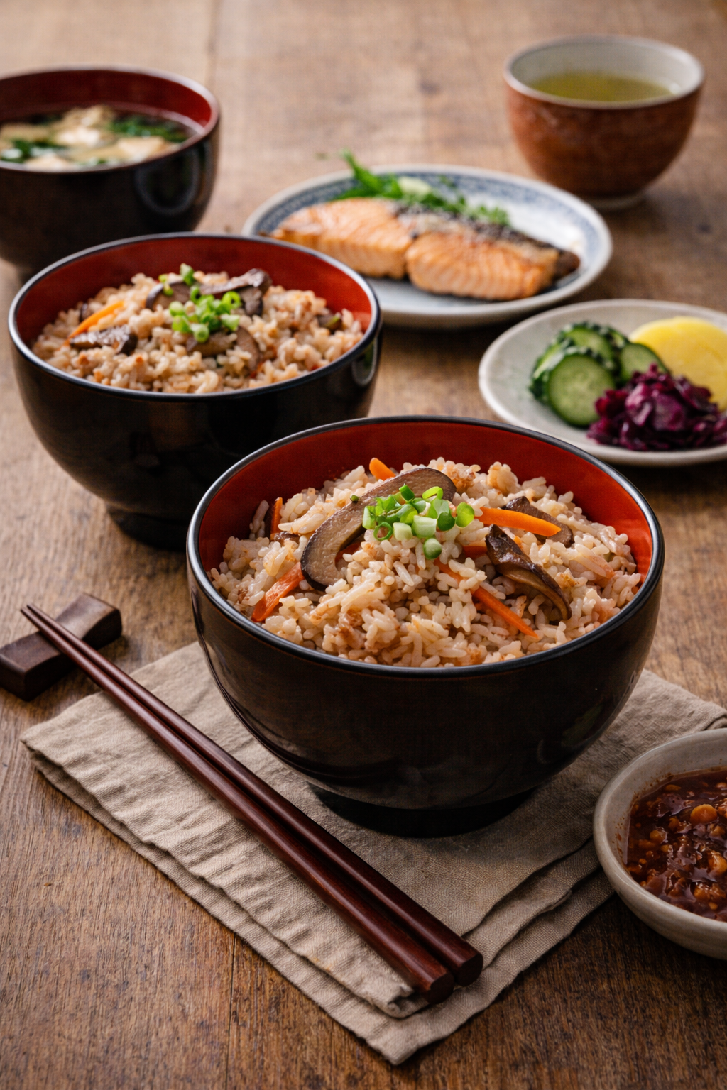Takikomi gohan presentado en cuencos lacados con decoración minimalista y acompañamientos tradicionales