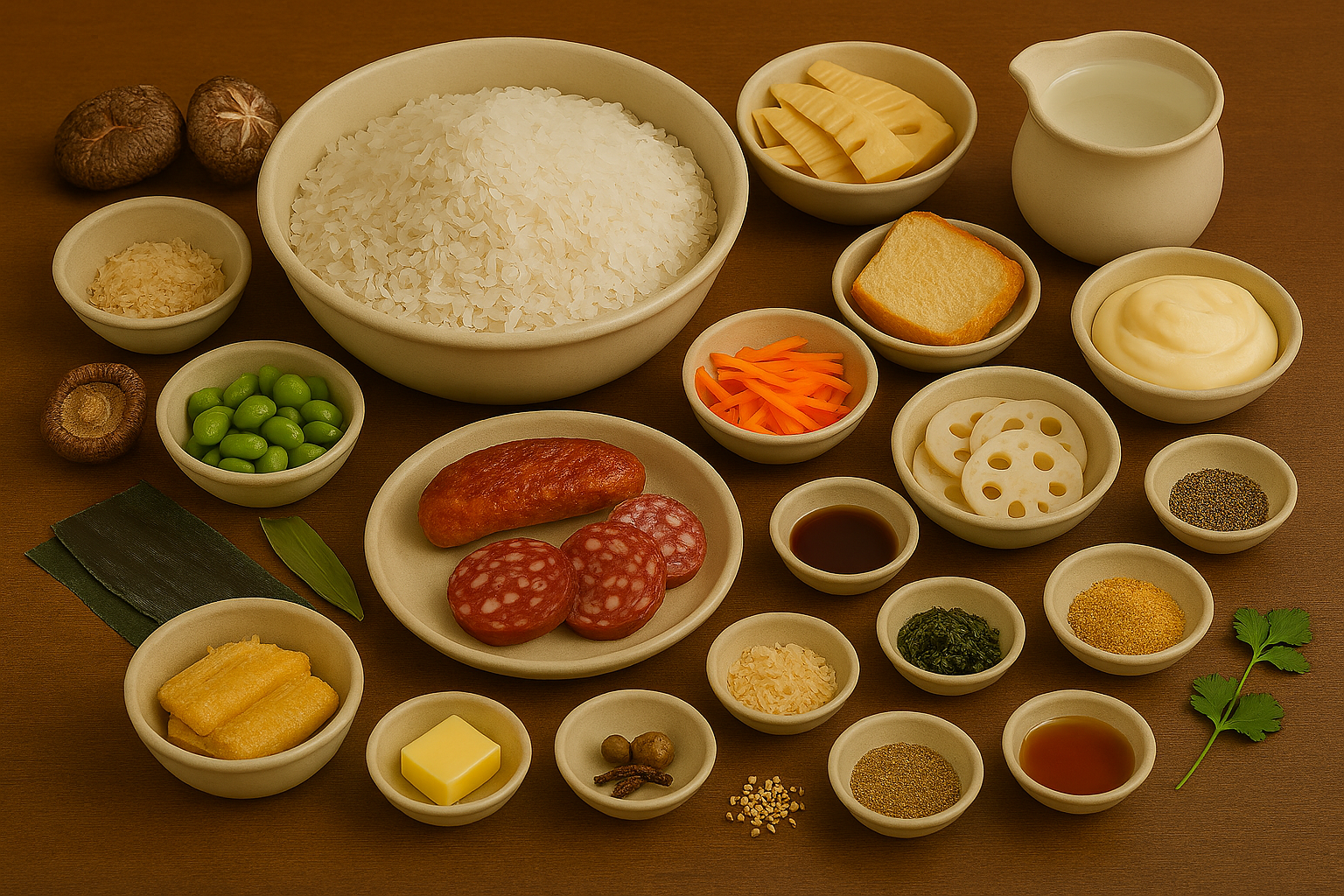 Ingredientes para Takikomi gohan: arroz japonés, setas shiitake, bambú, zanahoria, dashi y salsa de soja