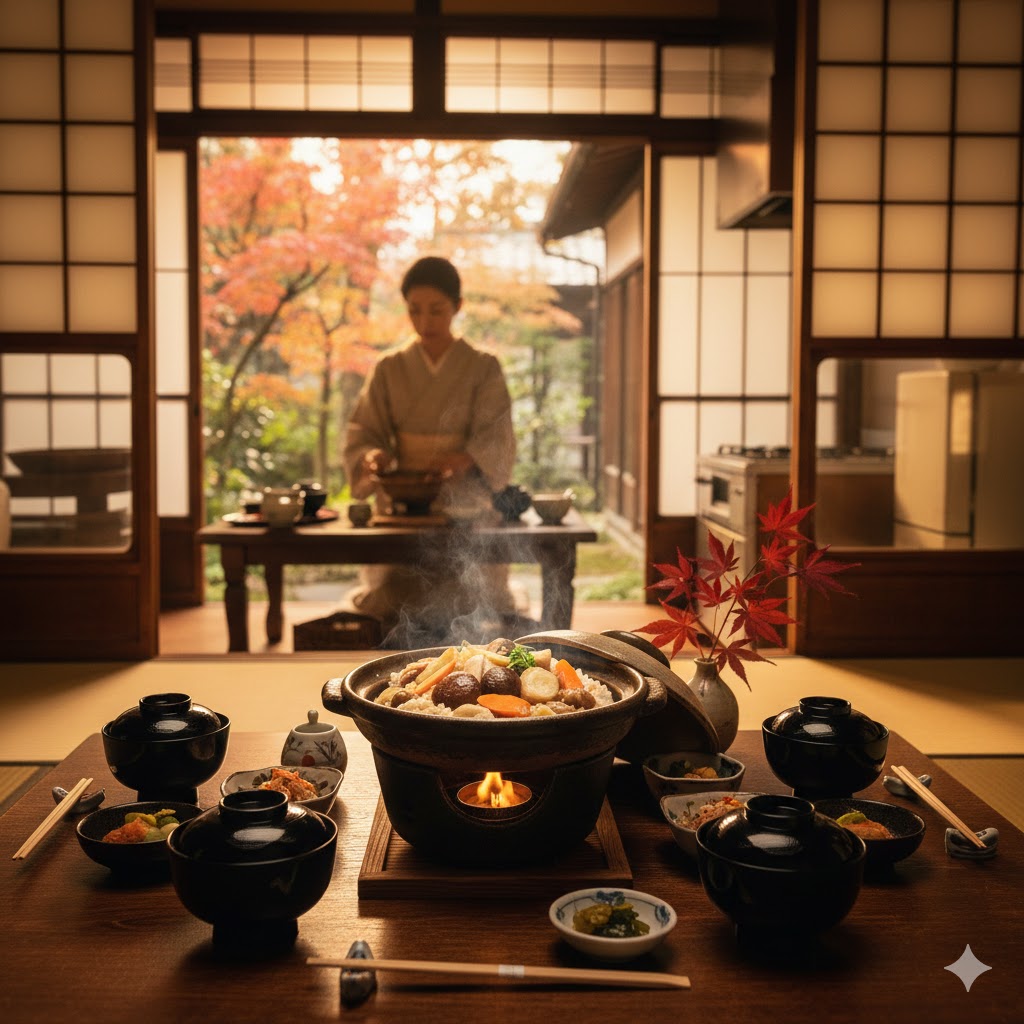 Jardín japonés en otoño con mesa baja y comida tradicional presentada estéticamente