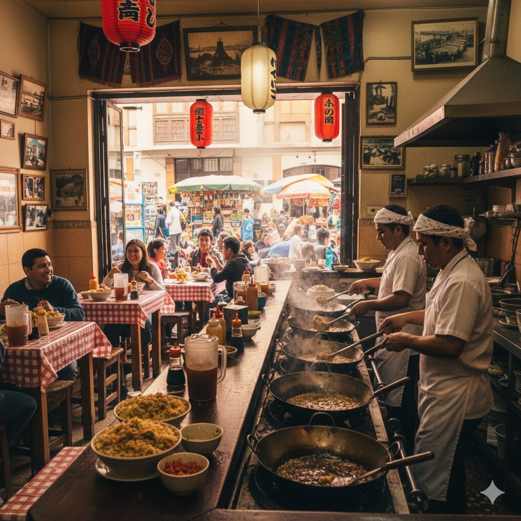 Vista interior de restaurante nikkei tradicional en Lima: mostrador de madera oscura con woks humeantes, chefs con pañuelos en cabeza trabajando rápidamente, clientes disfrutando yakimeshi en mesas compartidas, decoración con elementos japoneses y peruanos fusionados, y ventana que muestra el bullicio callejero limeño